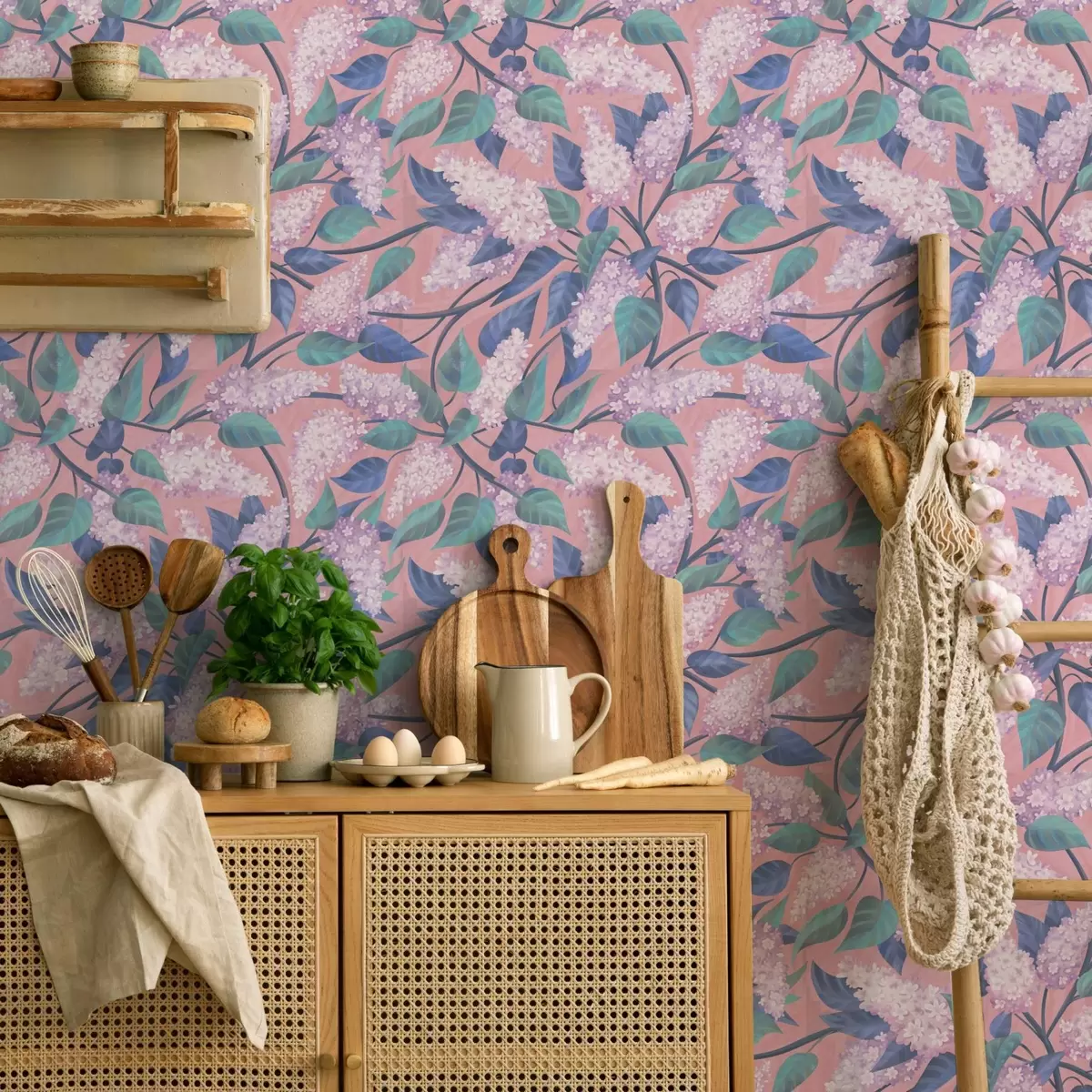 Tapetes Maigi ziedi rozā fonā, pavasara noskaņa a00797