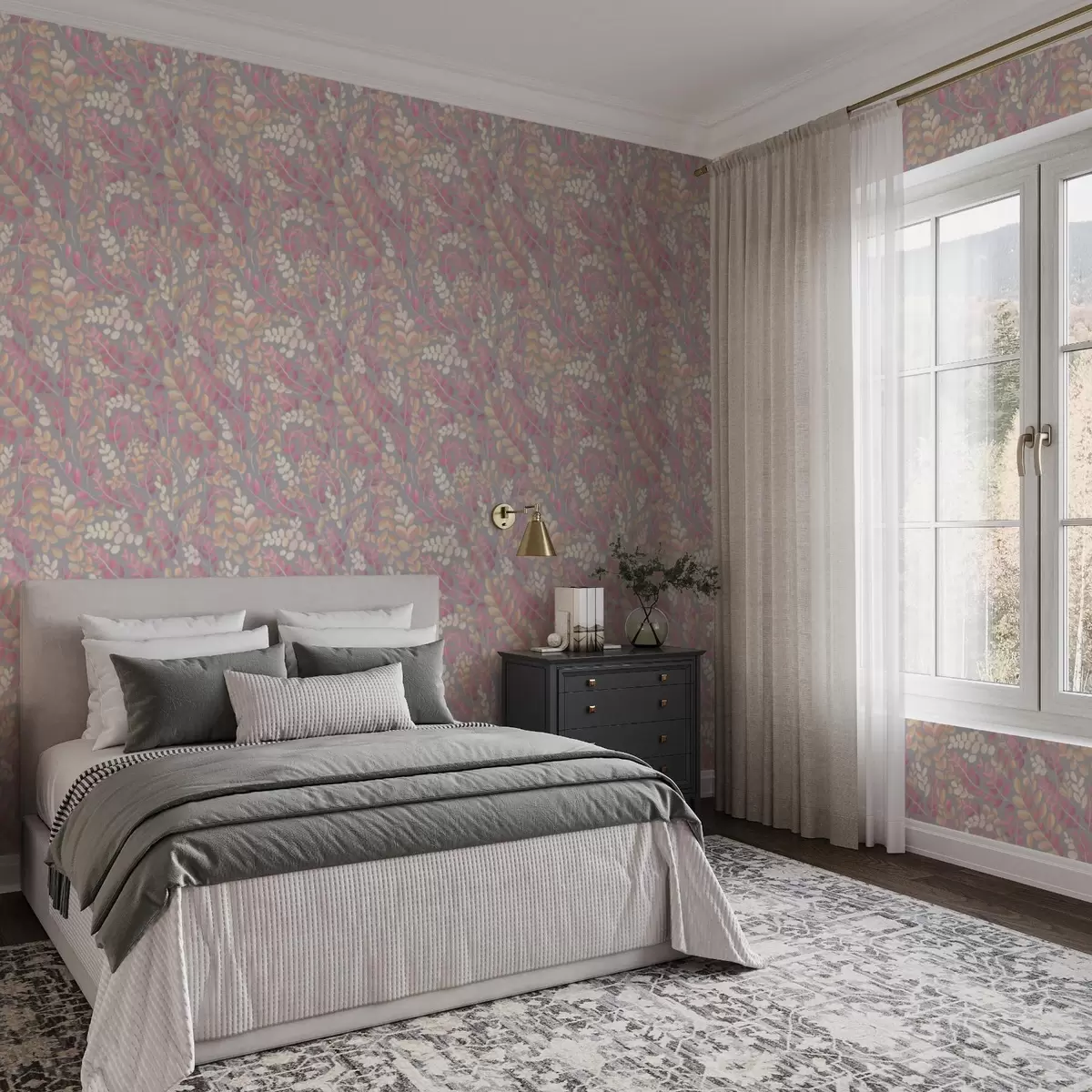 Tapetes Pastelkrāsas zari ar rozā-persiku lapotni uz pelēka fona a00799v1