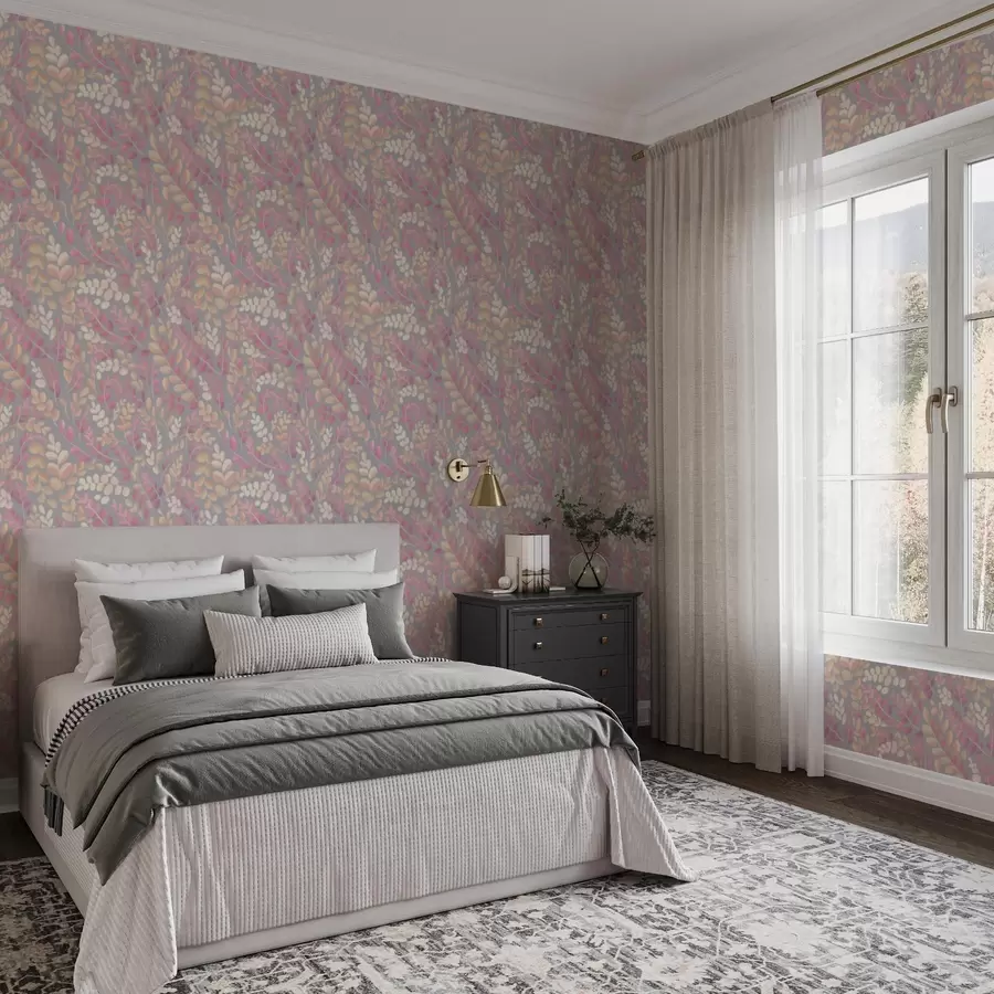 Fototapetes Pastelkrāsas zari ar rozā-persiku lapotni uz pelēka fona a00799v1