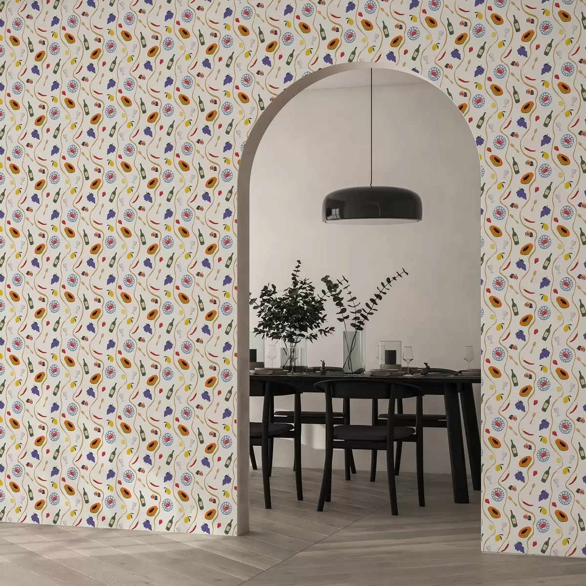 Tapetes Pudeles, papaija, citroni un garšvielas uz gaiša fona a00802