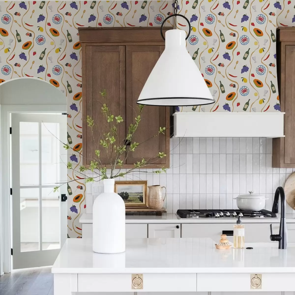 Tapetes Pudeles, papaija, citroni un garšvielas uz gaiša fona a00802