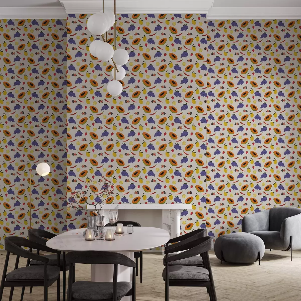 Tapetes Papaja, vīnogas un citroni — spilgts augļu maisījums a00803