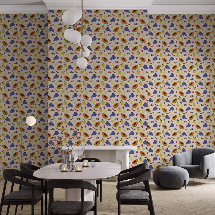 Fototapetes Papaja, vīnogas un citroni — spilgts augļu maisījums a00803