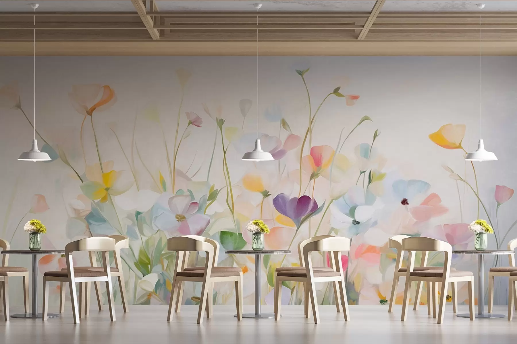 Fototapetes Abstrakts laukums ar krāsainiem ziediem ar garām kātiņām un zaļām lapām, teksturēts, pasteļtoņos, gaišās krāsās w09466