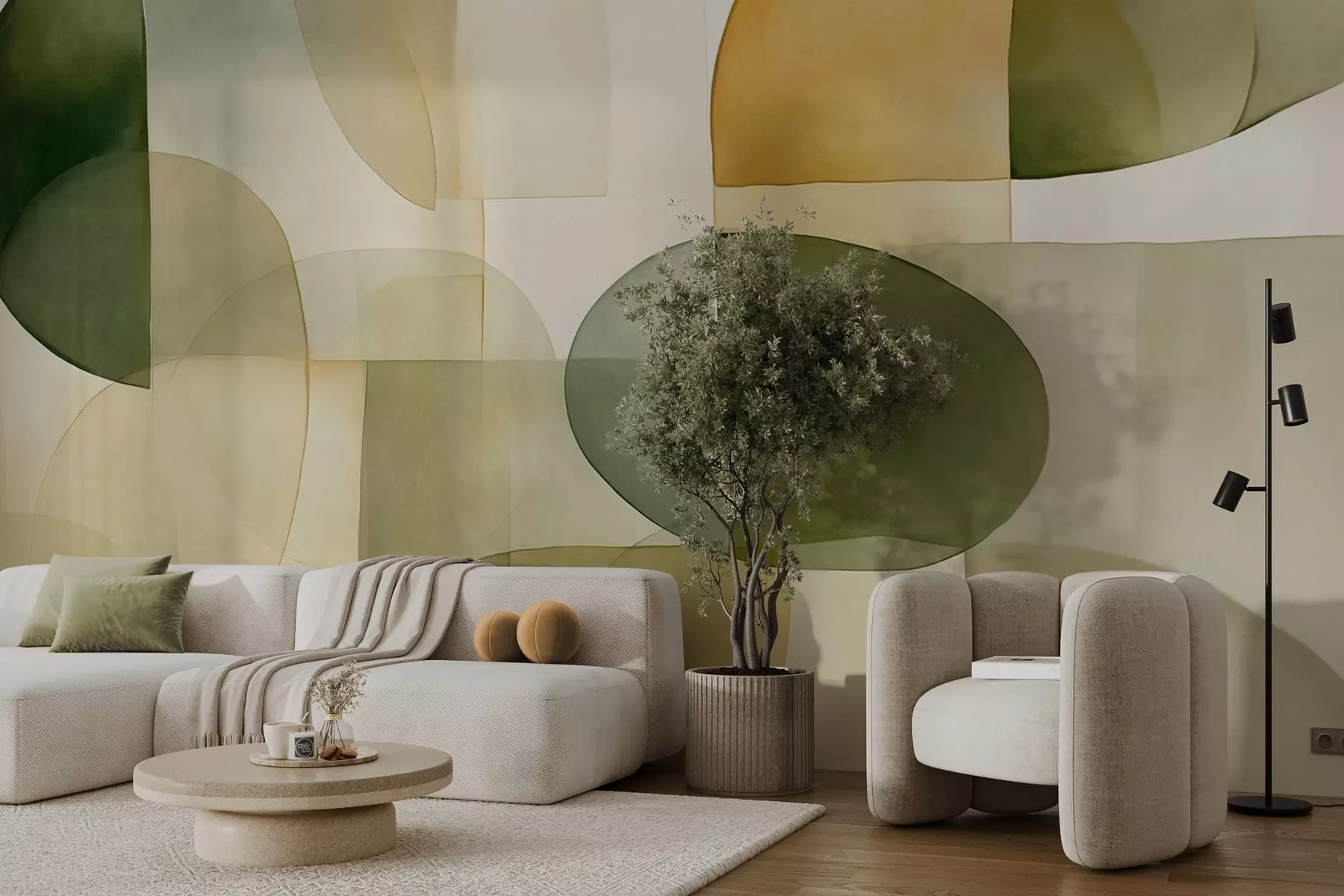 Fototapetes Abstraktas teksturētas formas zaļā un dzeltenā krāsā, klusināti toņi, minimālistiska kompozīcija, neitrāls fons w09467