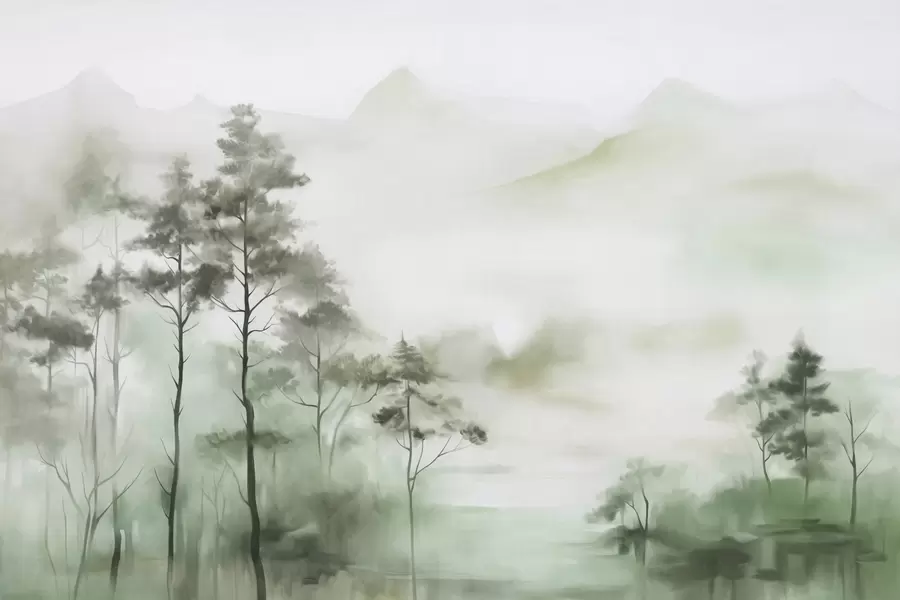 Fototapetes Migla apklāts ainava ar augstiem kokiem un kalniem, klusināti zaļi un pelēki toņi, minimālisma stils, faktūru w09469