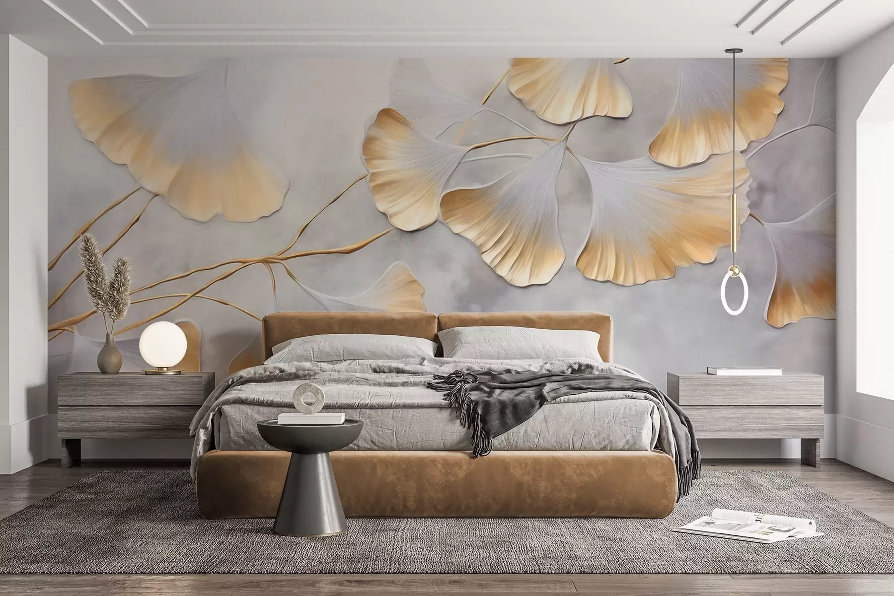 Fototapetes Ginkgo biloba lapas ar dzeltenām malām uz zara, pelēks teksturēts fons, elegants un minimālisma dizains w09472