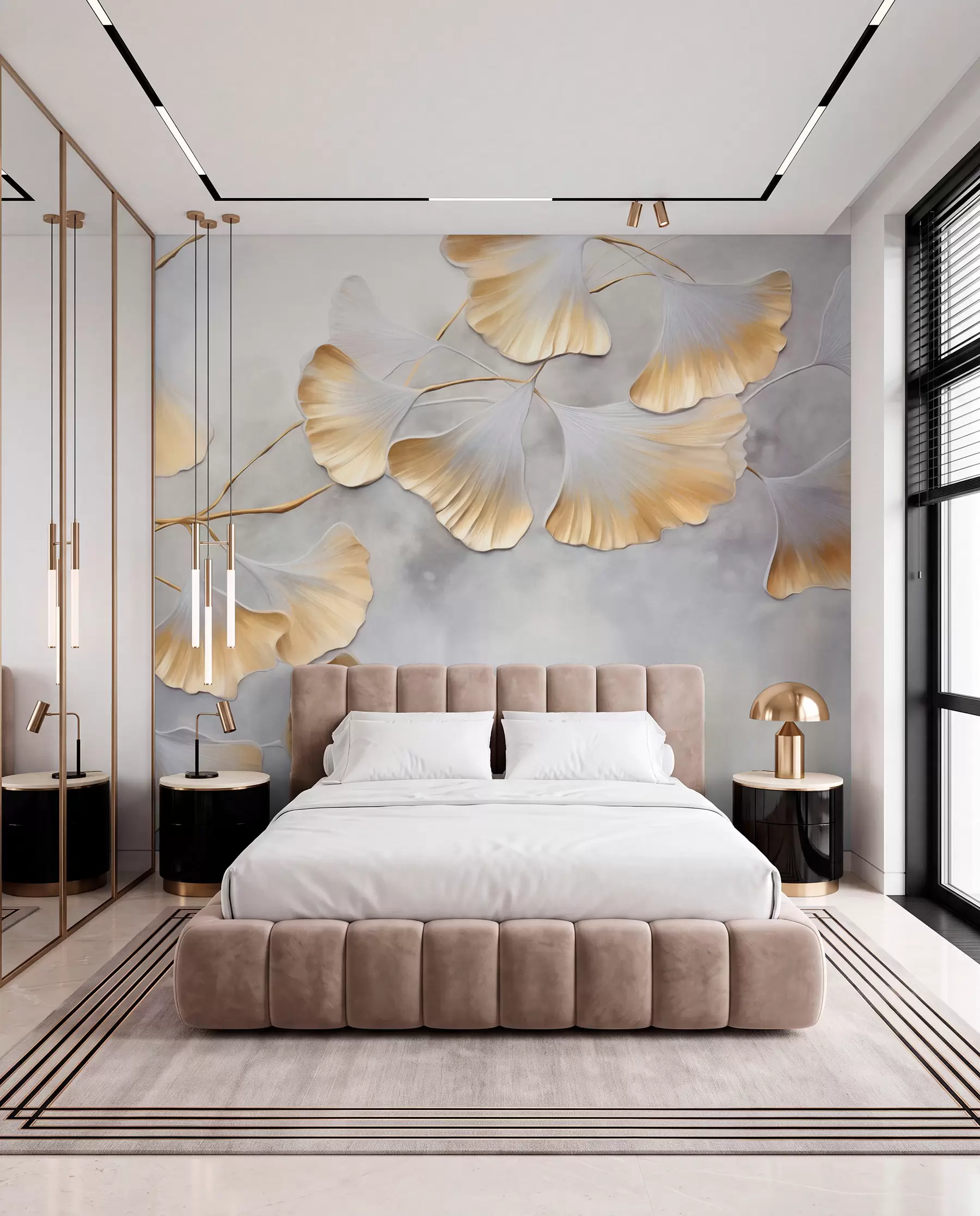 Fototapetes Ginkgo biloba lapas ar dzeltenām malām uz zara, pelēks teksturēts fons, elegants un minimālisma dizains w09472