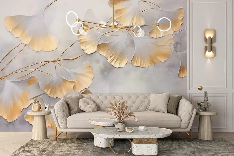 Fototapetes Ginkgo biloba lapas ar dzeltenām malām uz zara, pelēks teksturēts fons, elegants un minimālisma dizains w09472