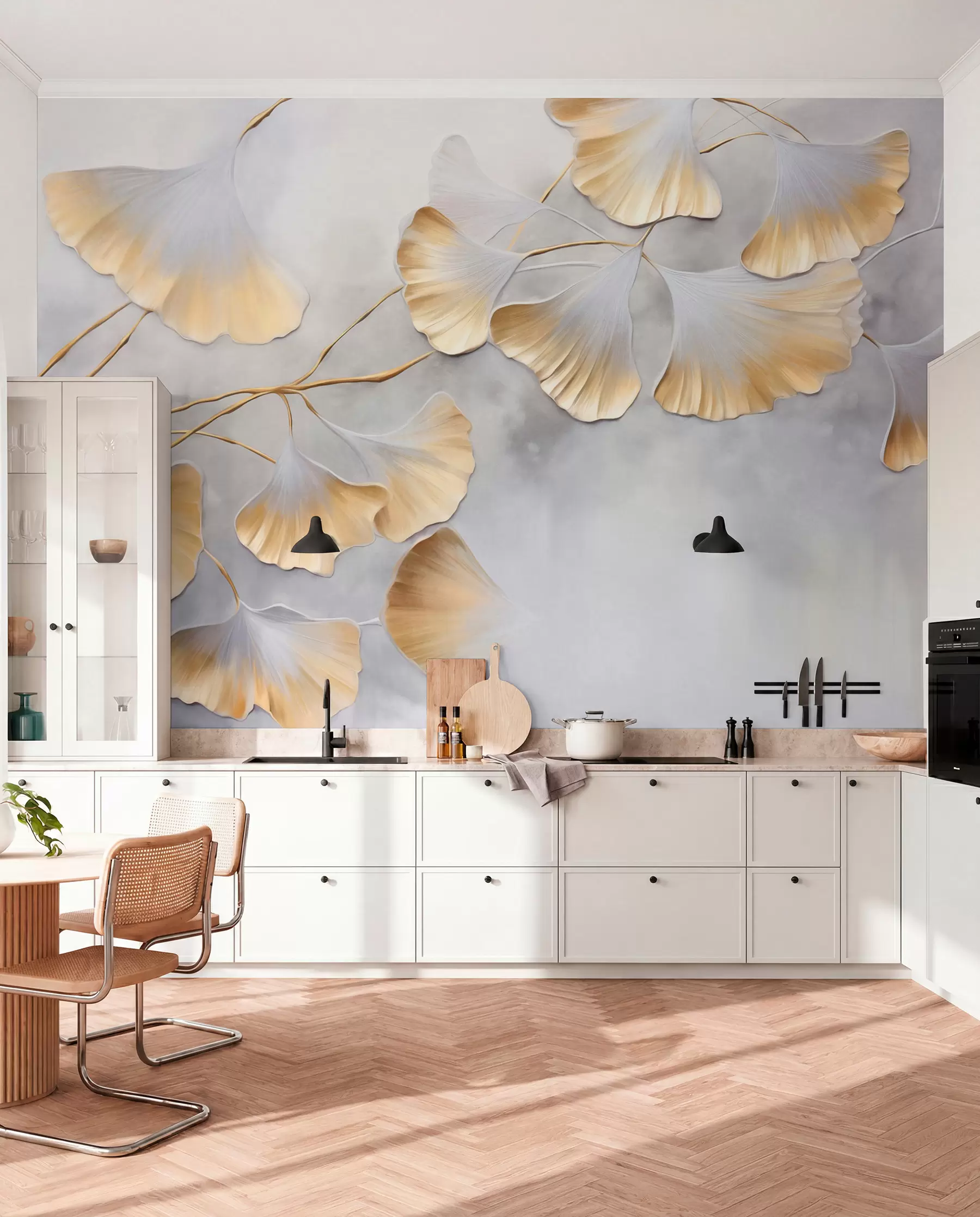 Fototapetes Ginkgo biloba lapas ar dzeltenām malām uz zara, pelēks teksturēts fons, elegants un minimālisma dizains w09472