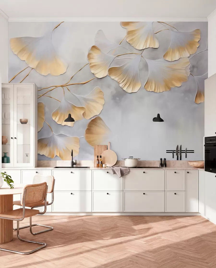Fototapetes Ginkgo biloba lapas ar dzeltenām malām uz zara, pelēks teksturēts fons, elegants un minimālisma dizains w09472