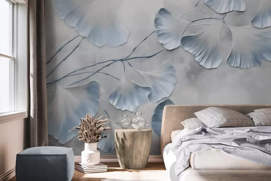Fototapetes Ginkgo biloba lapas ar ziliem malām uz zara, pelēks teksturēts fons, elegants un minimālisma dizains w09472v1