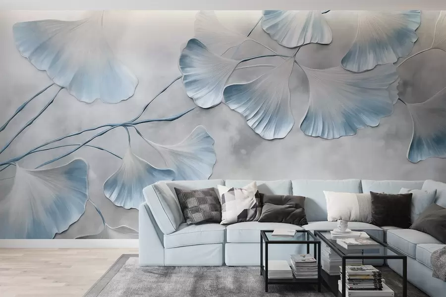Fototapetes Ginkgo biloba lapas ar ziliem malām uz zara, pelēks teksturēts fons, elegants un minimālisma dizains w09472v1