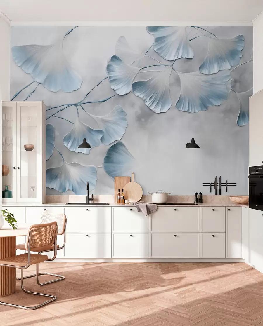 Fototapetes Ginkgo biloba lapas ar ziliem malām uz zara, pelēks teksturēts fons, elegants un minimālisma dizains w09472v1