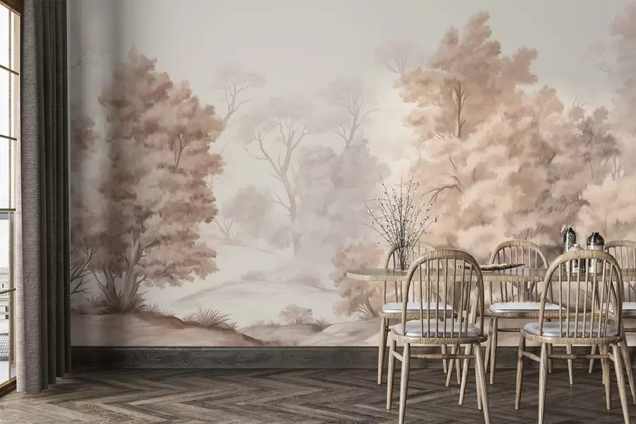 Fototapetes Teksturēta ainavas glezna, kas imitē mežu ar augstiem kokiem un zāli, klusām un maigām krāsām, nomierinošu ainu w09474