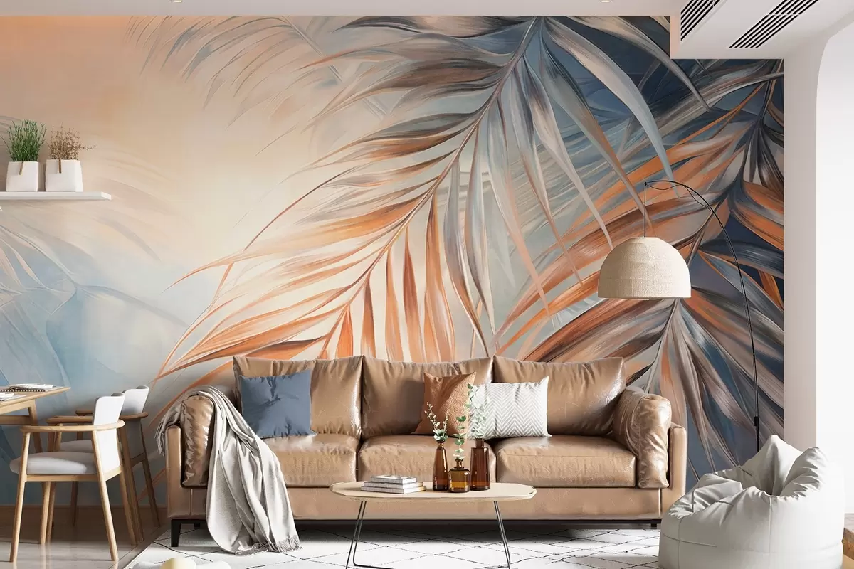 Fototapetes Palmu lapas oranžos un zilos toņos, gaišs teksturēts fons ar maigām krāsām, elegants tropu stils w09475