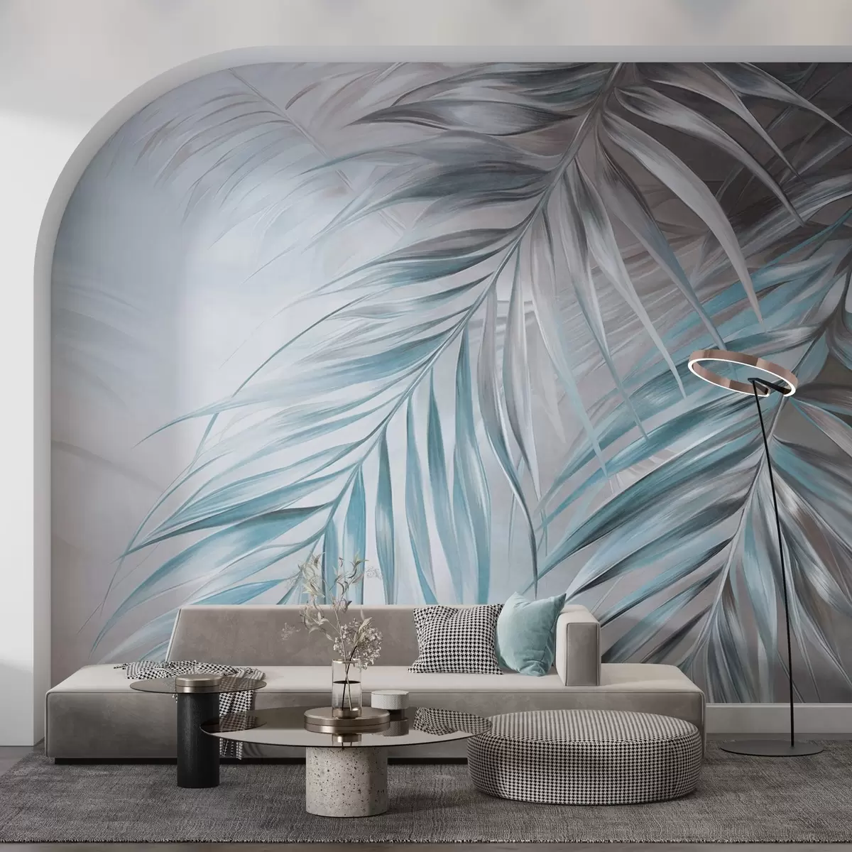 Fototapetes Palmu lapas ar pelēkiem un ziliem toņiem, gaišs teksturēts fons ar maigām krāsām, elegants tropu stils w09475v1