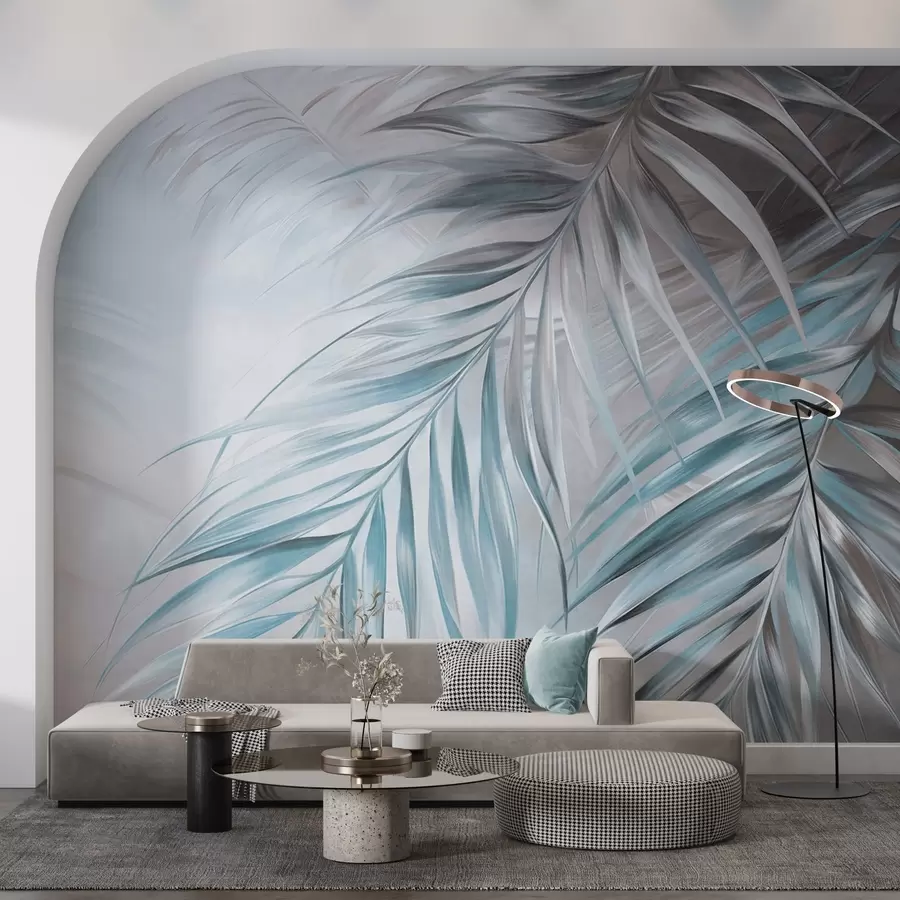 Fototapetes Palmu lapas ar pelēkiem un ziliem toņiem, gaišs teksturēts fons ar maigām krāsām, elegants tropu stils w09475v1