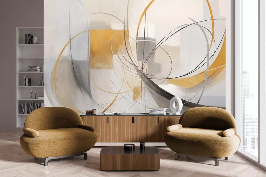 Fototapetes Abstrakts, teksturēts moderns glezniecības stils ar izliektām līnijām un ģeometriskām formām pelēkā, baltā un oranžā krāsā w09476