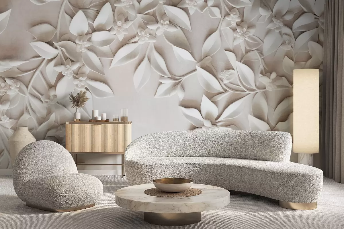 Fototapetes Baltas teksturētas puķes un lapas, ziedu kompozīcija, elegants dizains, minimālisma stils, dekoratīvā māksla w09479