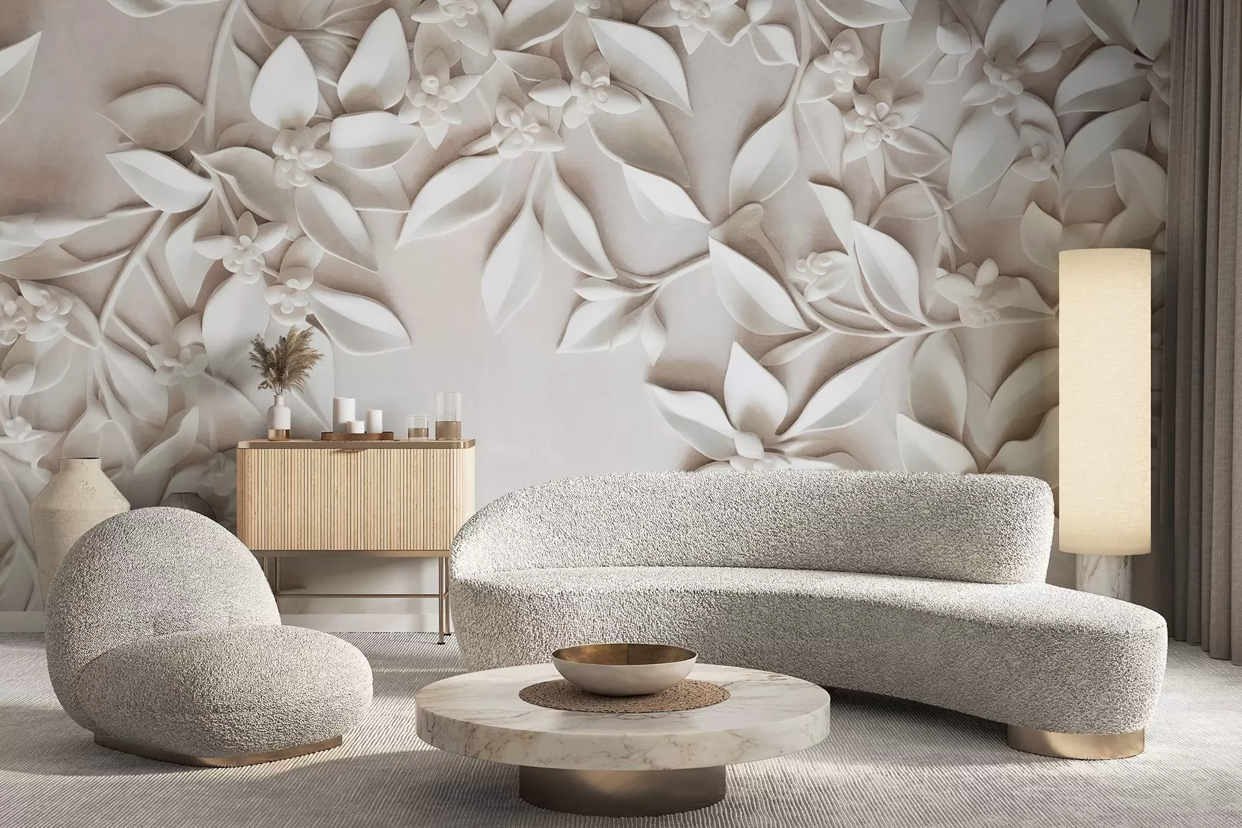 Fototapetes Baltas teksturētas puķes un lapas, ziedu kompozīcija, elegants dizains, minimālisma stils, dekoratīvā māksla w09479