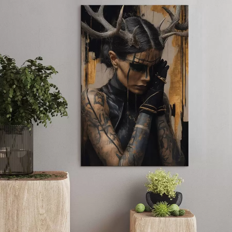 Glezna Sieviete ar ragiem tumšā izskatā ar melnām sejas līnijām s46144