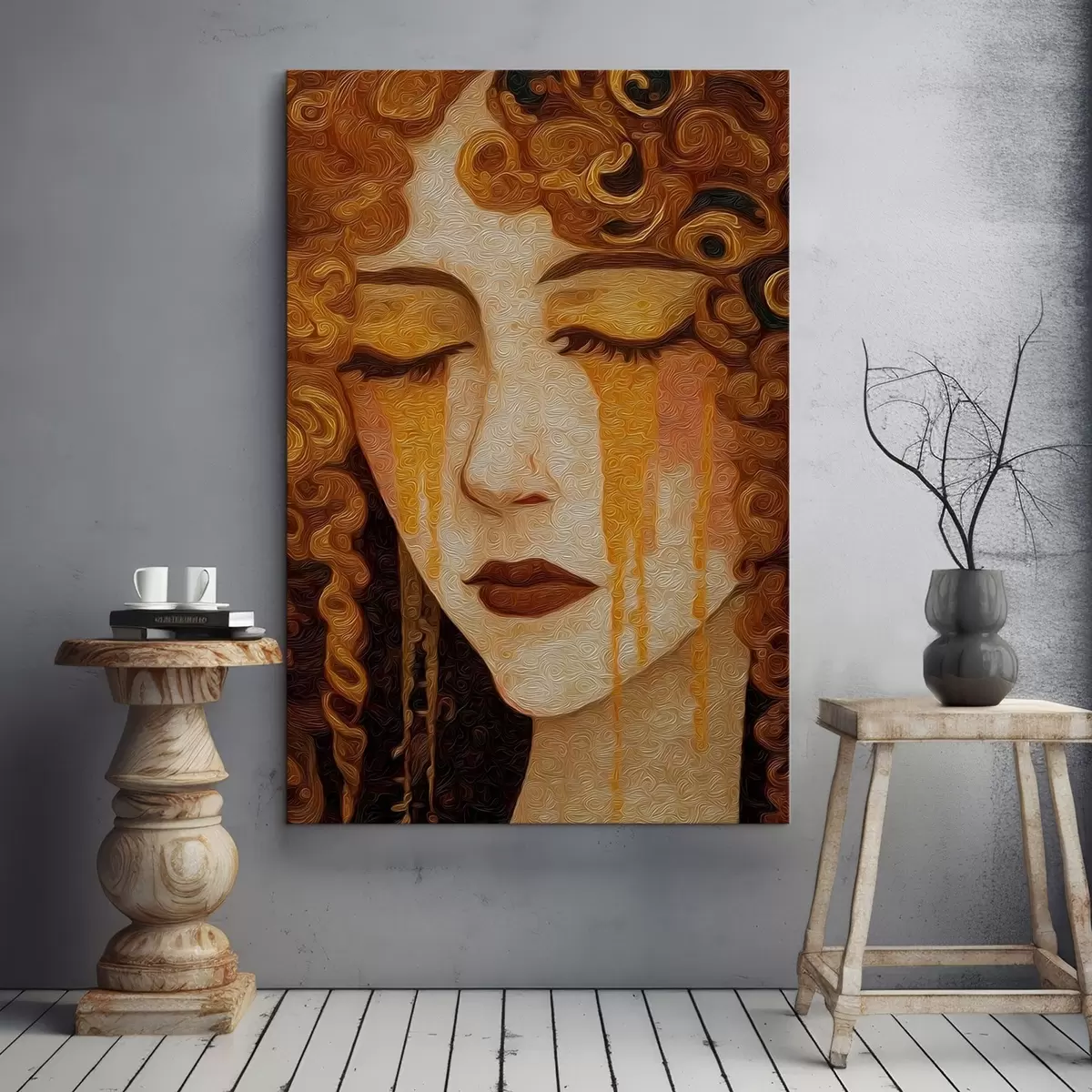 Glezna Sievietes portrets ar sarkaniem matiem un dekoratīvu grimu s46149