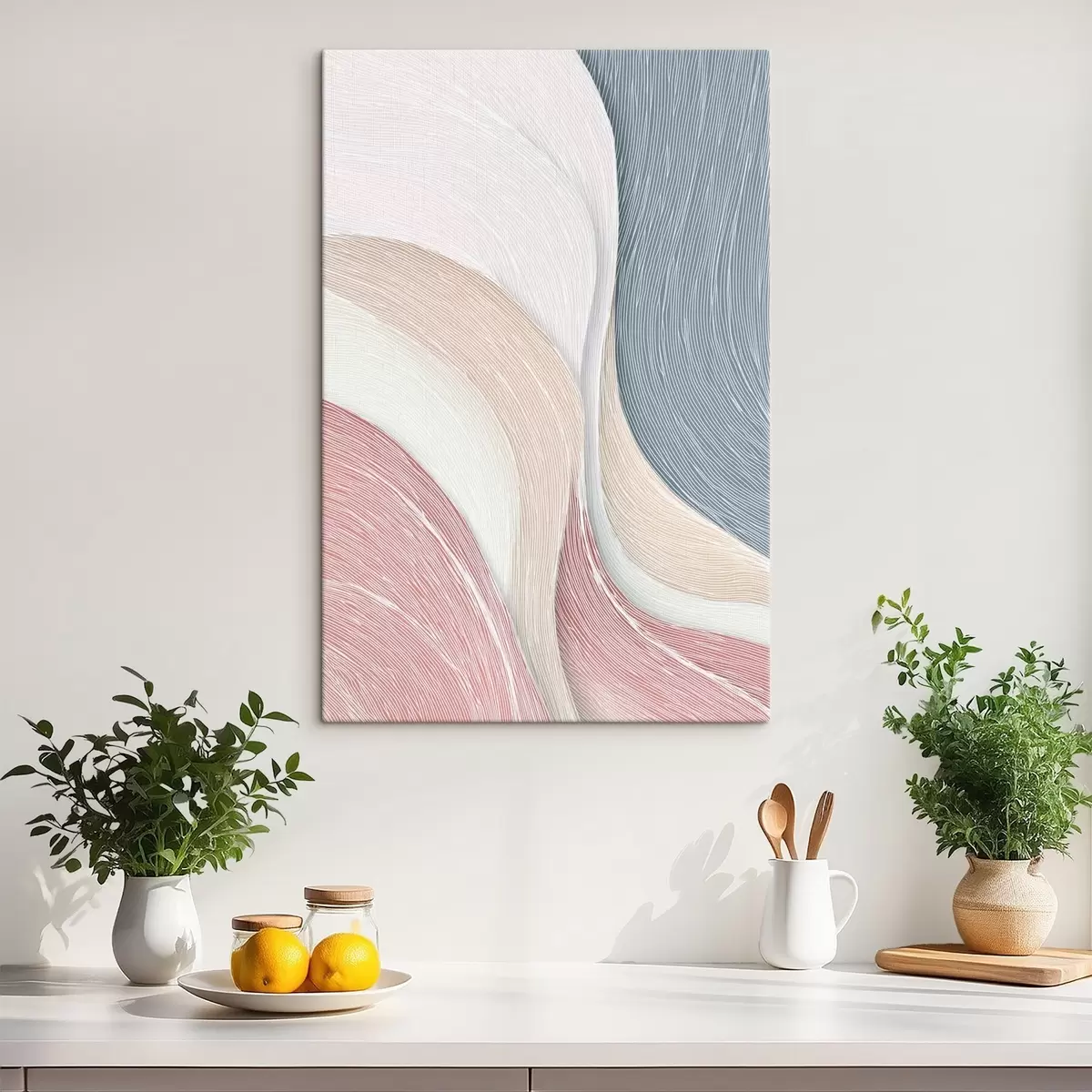 Glezna Vieglas abstrakcijas viļņi gaiši rozā un pelēkbalti toņos s46153