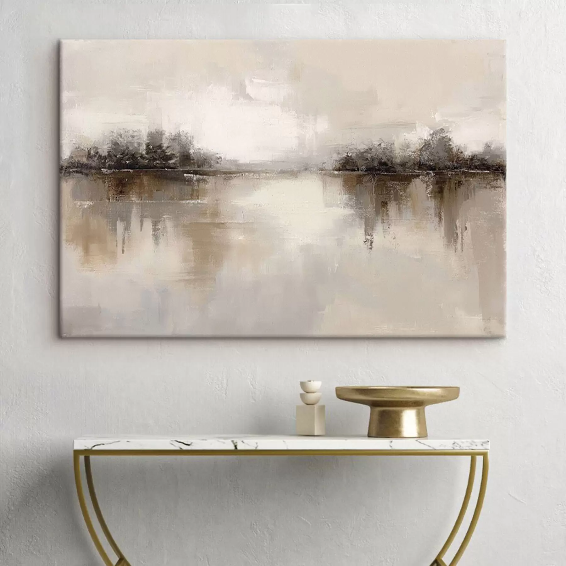 Glezna Maigs ainavas skats ar ezeru siltos smilškrāsas toņos s46158