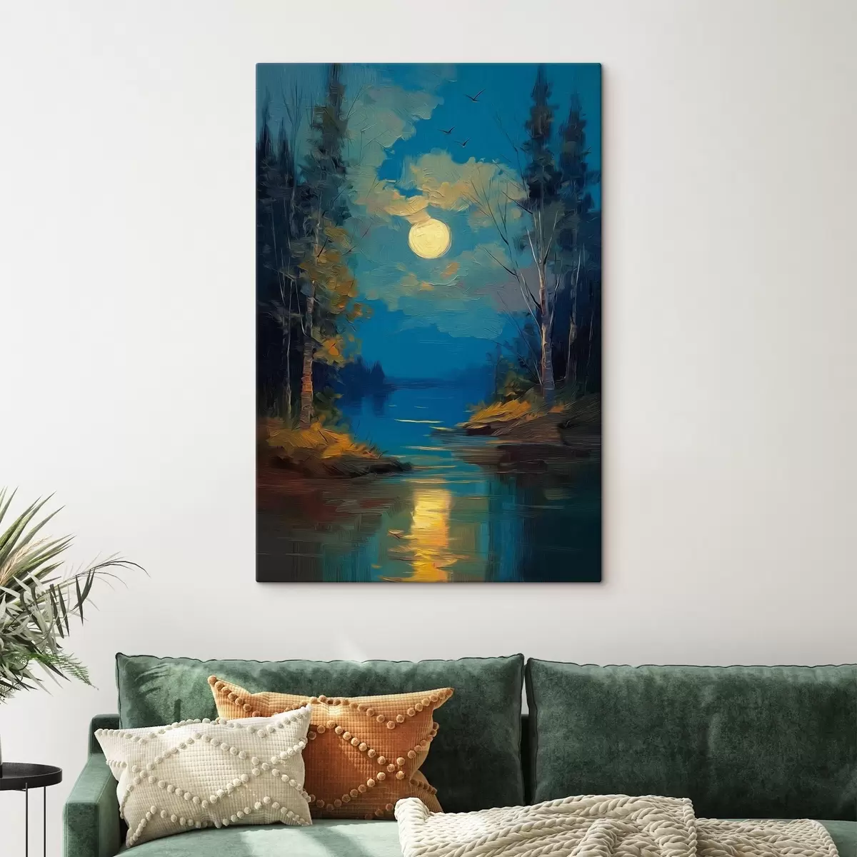 Glezna Mēness gaisma pār mierīgu upi priežu mežā s46164