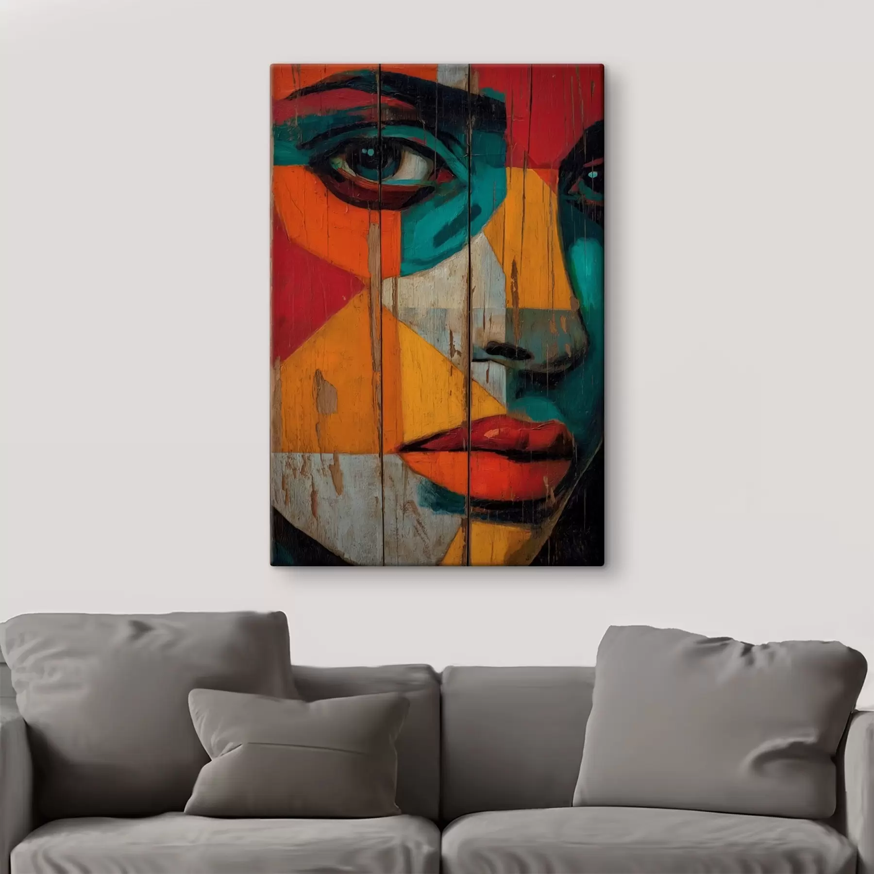 Glezna Spilgts ģeometrisks sejas portrets uz koka dēļiem s46165