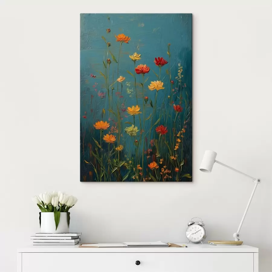 Glezna Mežā augoši ziedi uz tumši tirkīza fona s46169