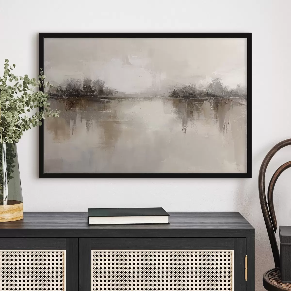 Plakāts Maigs ainavas skats ar ezeru siltos smilškrāsas toņos f46158