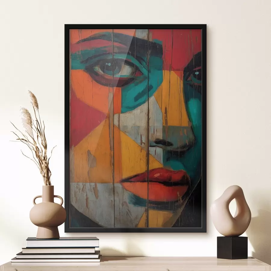 Fototapetes Spilgts ģeometrisks sejas portrets uz koka dēļiem f46165