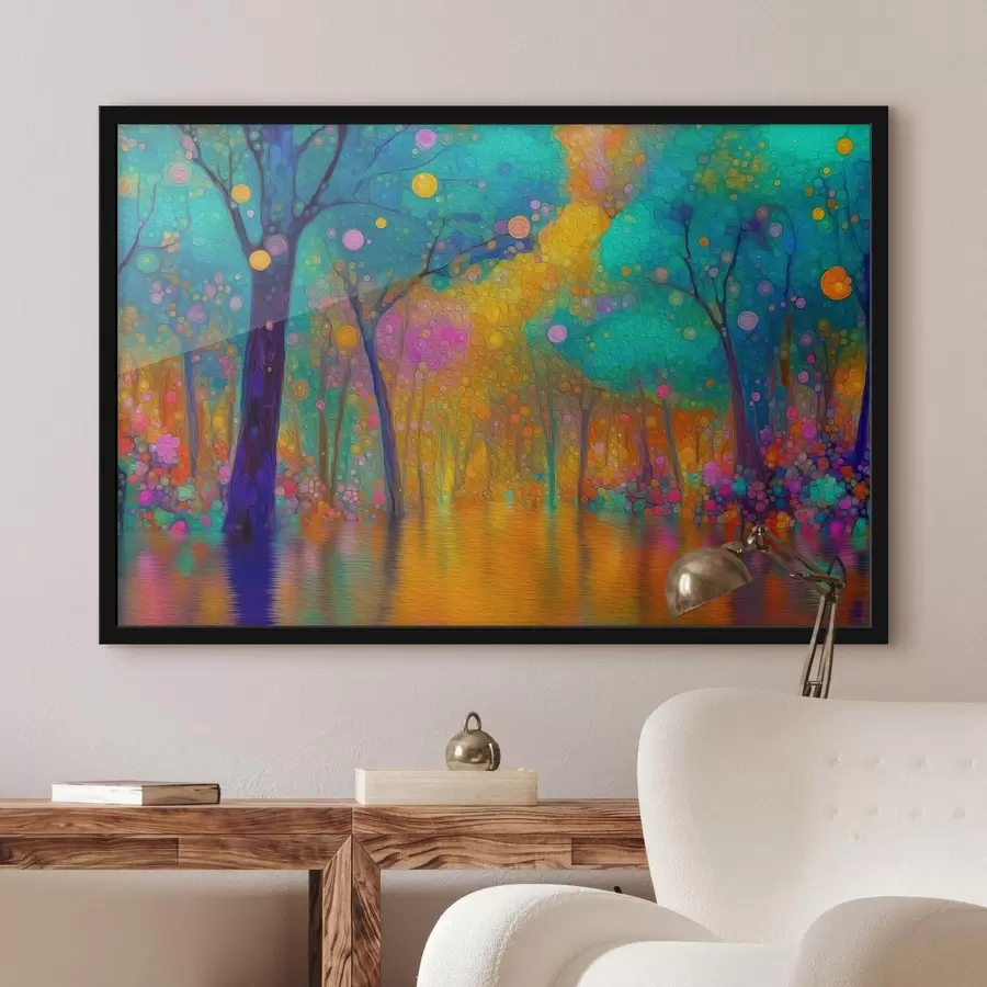 Fototapetes Spilgta fantāzijas mežs ar atspoguļojumiem ūdenī f46171