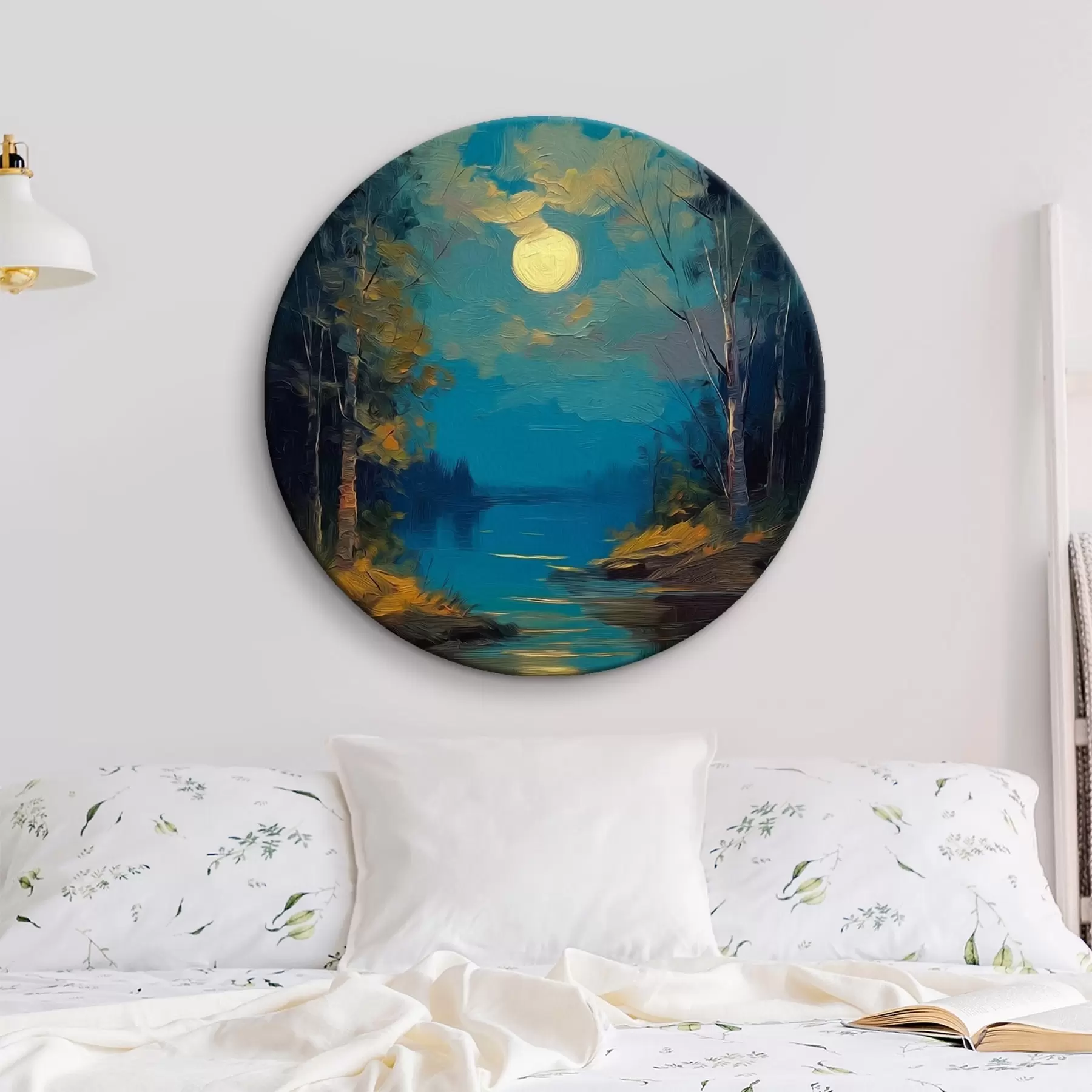 Glezna Mēness gaisma pār mierīgu upi priežu mežā r46164