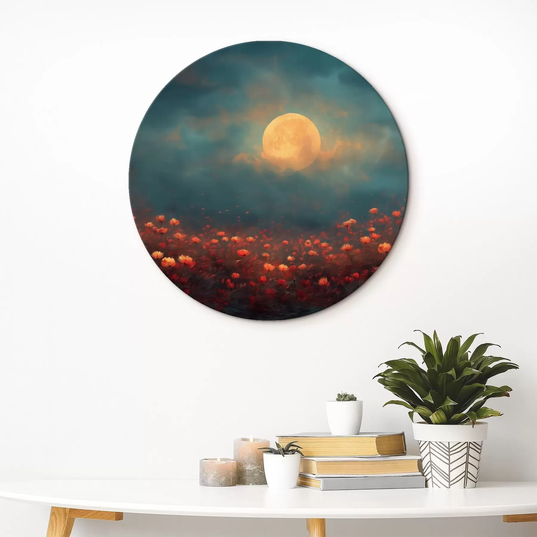 Glezna Mēness virs sarkanu ziedu lauka miglas apklātā vakara debesīs r46167