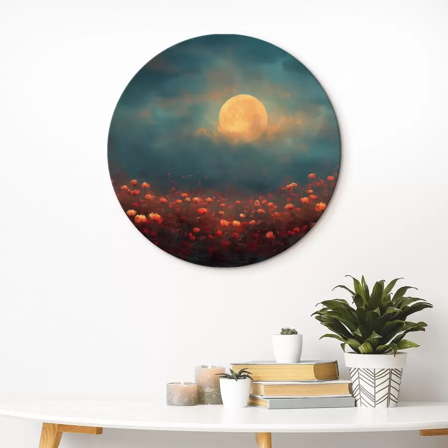 Glezna Mēness virs sarkanu ziedu lauka miglas apklātā vakara debesīs r46167