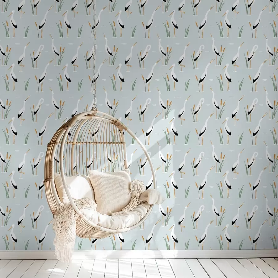 Fototapetes Gārņi niedrājos uz maiga zila fona a00650v1