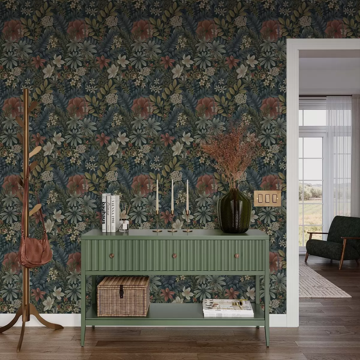 Tapetes Tumšs fons ar blīviem ziediem un lapām siltos toņos a00678