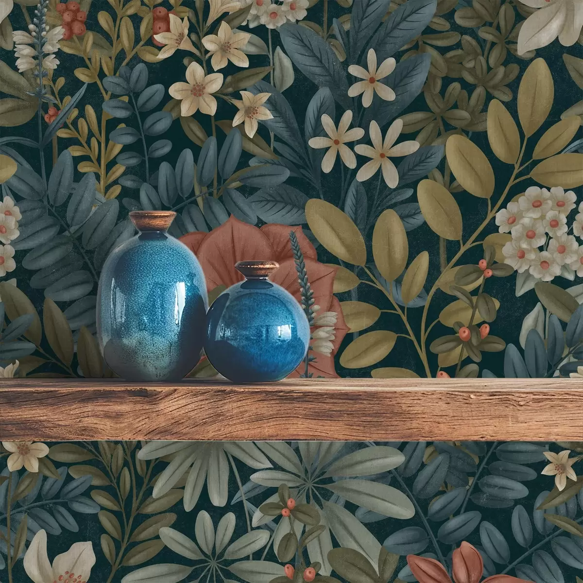 Tapetes Tumšs fons ar blīviem ziediem un lapām siltos toņos a00678