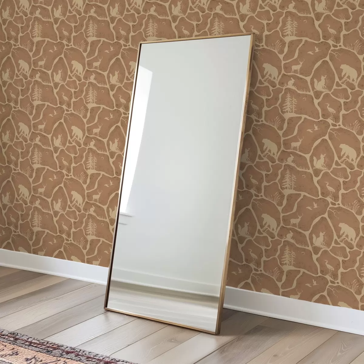 Tapetes Dzīvnieku un koku silueti dabiskā ainavā ar akmens tekstūru a00727