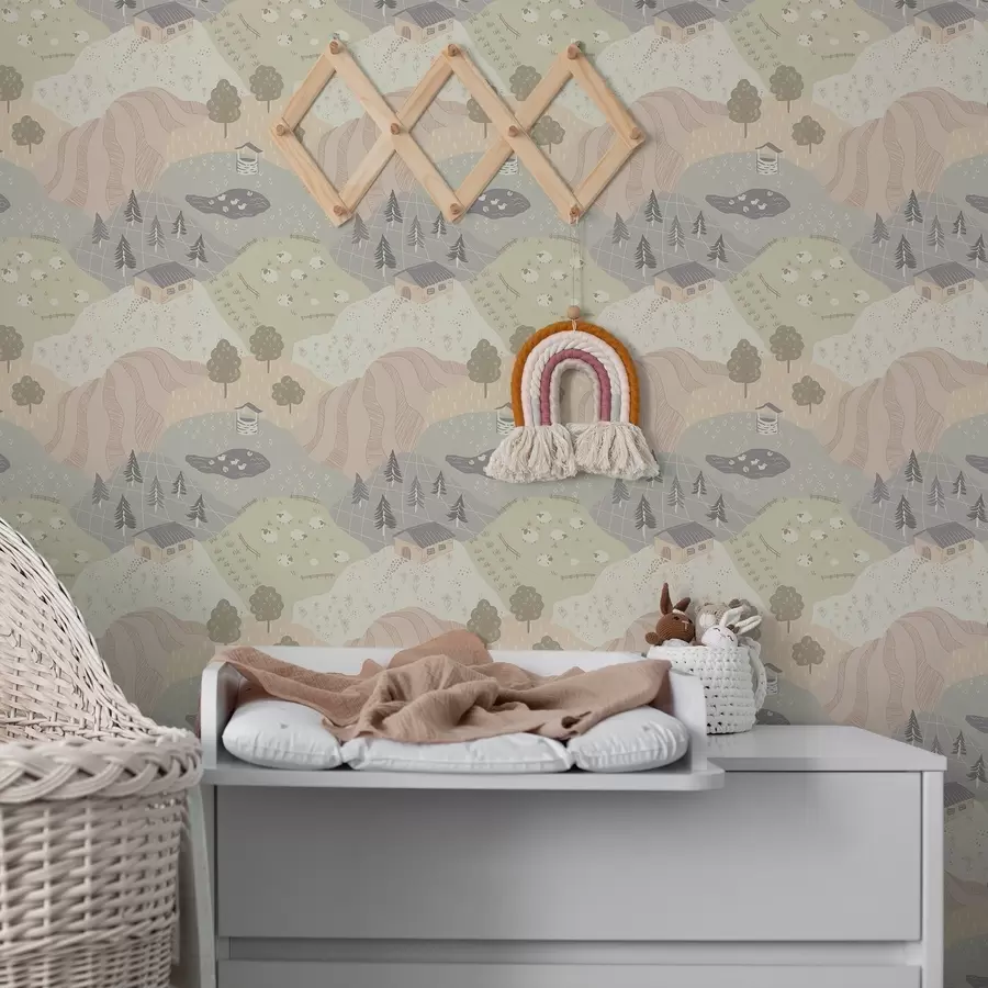 Fototapetes Pasaku lauki ar kokiem, zosīm un aitām a00728