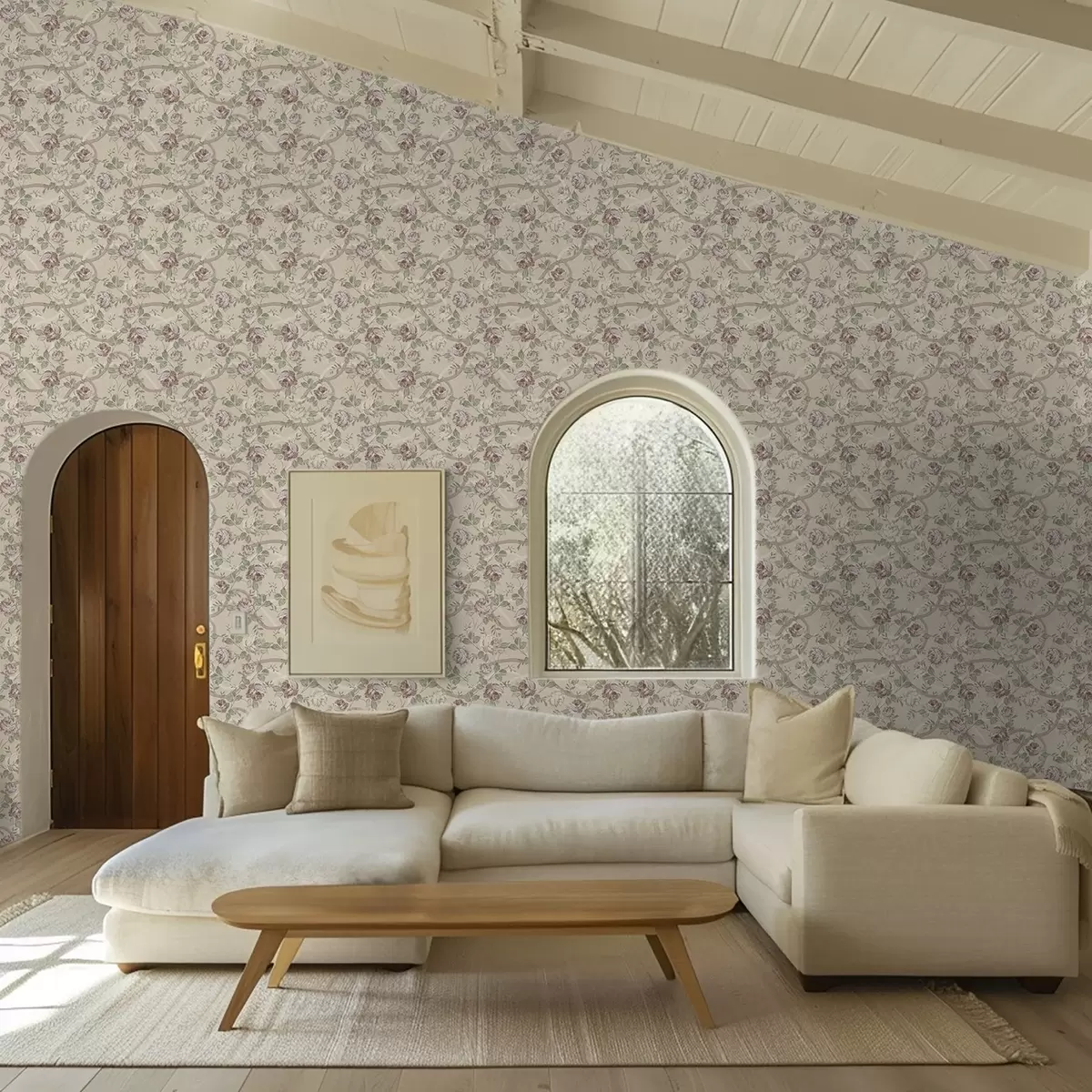 Tapetes Rozes ar zaļām lapām uz siltā smilškrāsas fona a00729