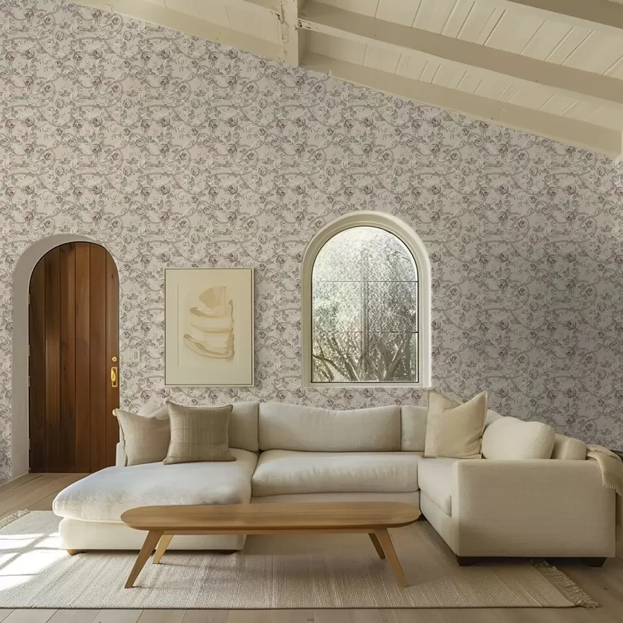 Fototapetes Rozes ar zaļām lapām uz siltā smilškrāsas fona a00729