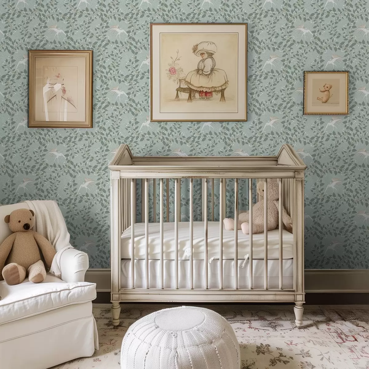 Tapetes Zari ar baltām ogām un putniem uz zaļa fona a00731