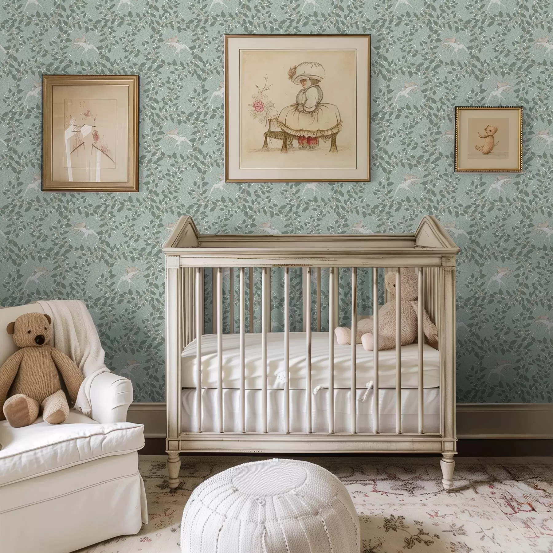 Fototapetes Zari ar baltām ogām un putniem uz zaļa fona a00731