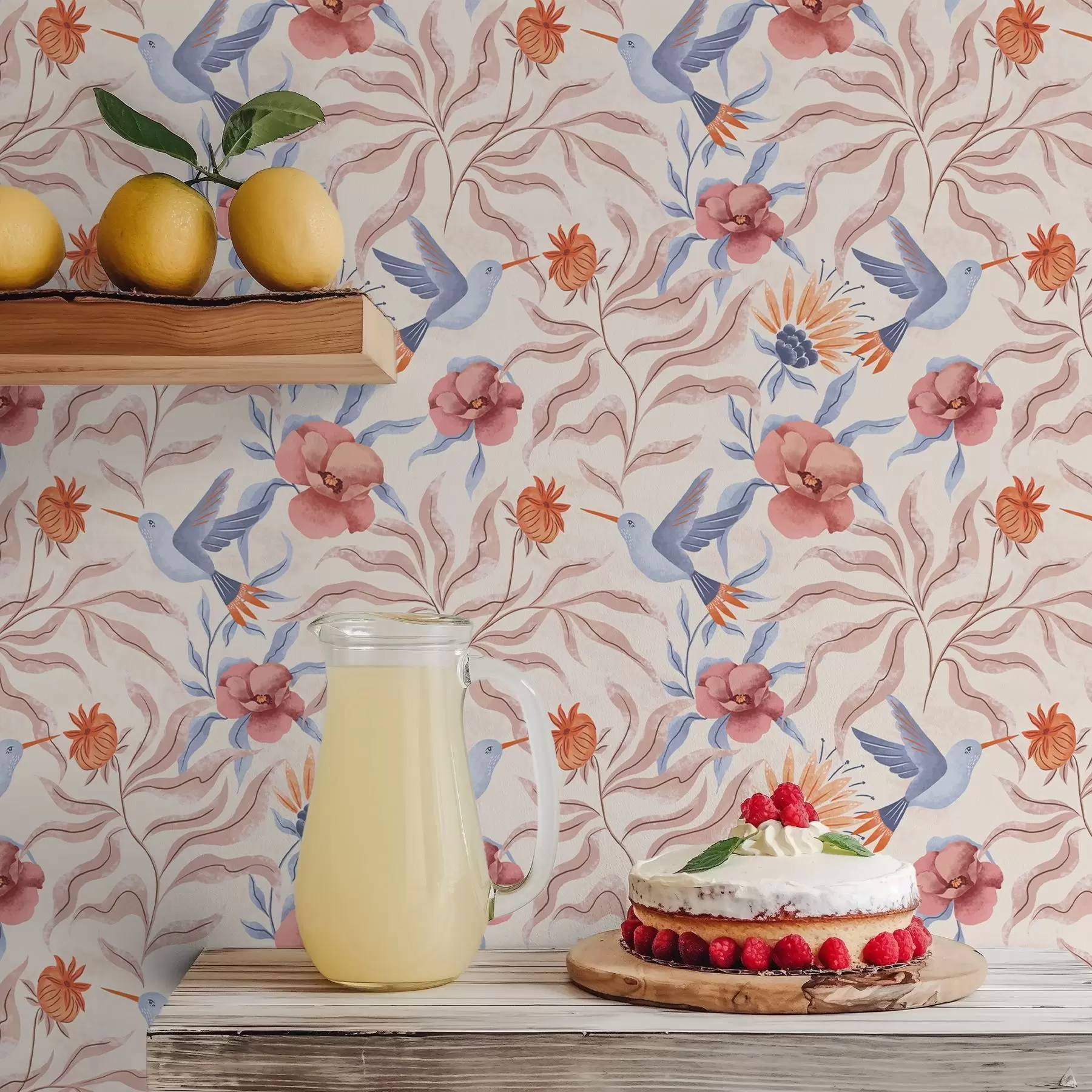 Fototapetes Kolibri starp lieliem ziediem rozā un zilos toņos a00733