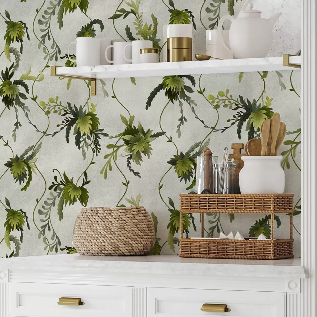 Tapetes Kāpšana pa zariem ar lapām uz gaiša fona a00806