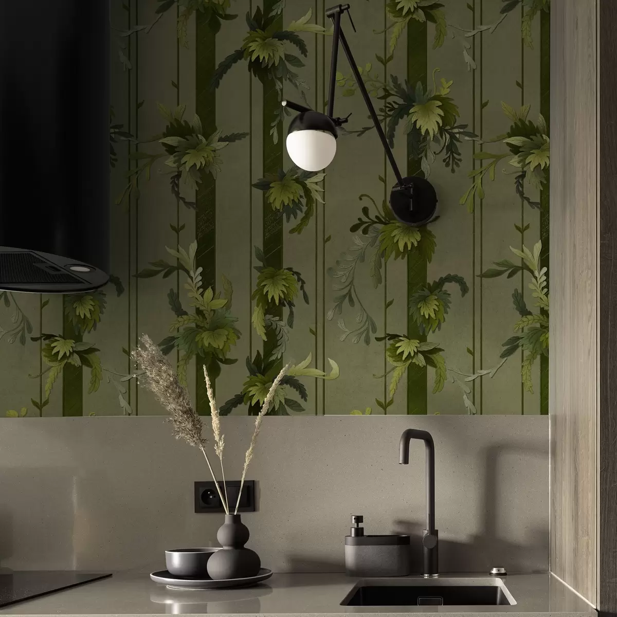 Tapetes Vīnogulāju lapas un ķekari gaiši zaļos akvareļa toņos a00807